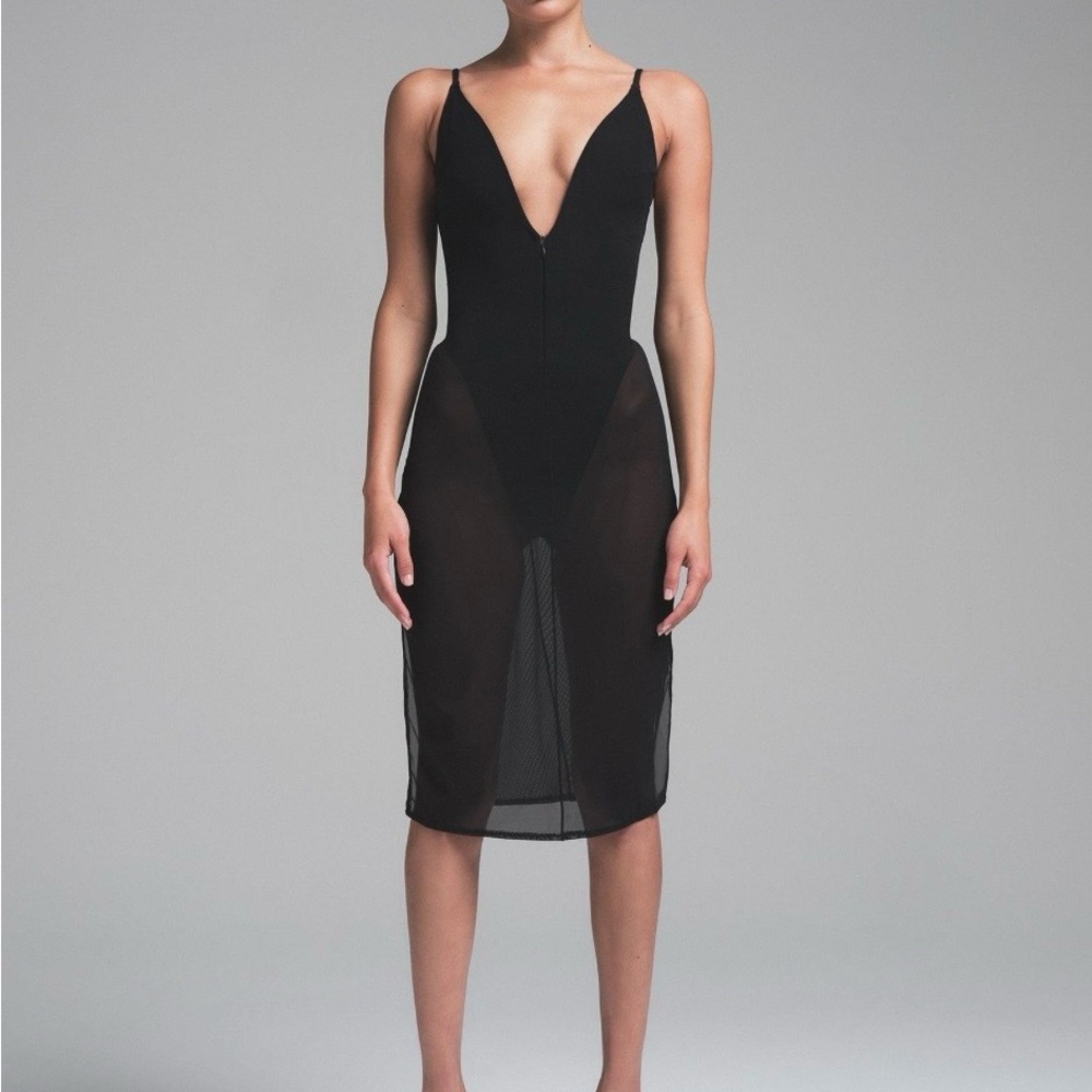 SKIMS Power Mesh Plunge Midi Dress – Onyx (XS) NWT